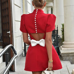 Women's Bow Back Mini Dress Puff Sleeve Open Back Cocktail Party Wedding Guest - Victrafia