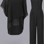 Women's Chiffon Two-Piece Set Overlay Top Wide-Leg Pants Evening Office Formal Outfit - Victrafia