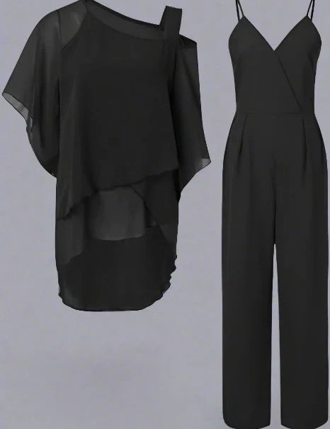 Women's Chiffon Two-Piece Set Overlay Top Wide-Leg Pants Evening Office Formal Outfit - Victrafia