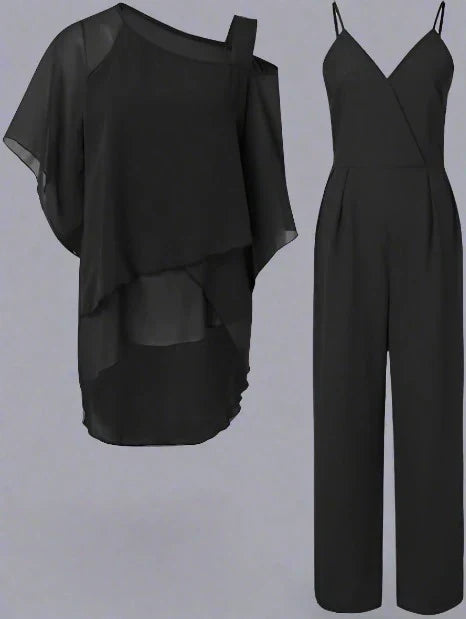 Women's Chiffon Two-Piece Set Overlay Top Wide-Leg Pants Evening Office Formal Outfit - Victrafia