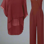 Women's Chiffon Two-Piece Set Overlay Top Wide-Leg Pants Evening Office Formal Outfit - Victrafia