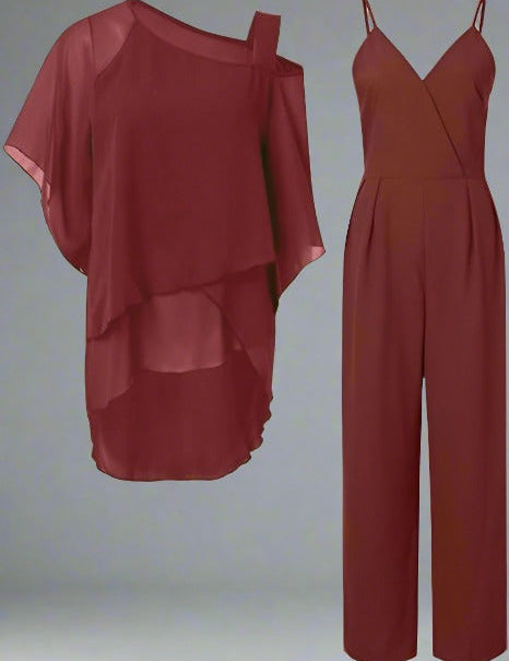 Women's Chiffon Two-Piece Set Overlay Top Wide-Leg Pants Evening Office Formal Outfit - Victrafia