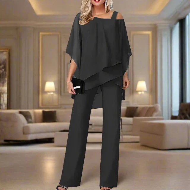 Women's Chiffon Two-Piece Set Overlay Top Wide-Leg Pants Evening Office Formal Outfit - Victrafia