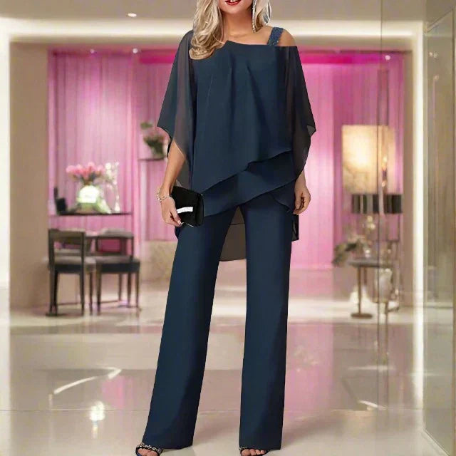 Women's Chiffon Two-Piece Set Overlay Top Wide-Leg Pants Evening Office Formal Outfit - Victrafia