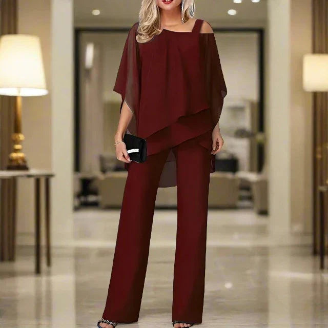 Women's Chiffon Two-Piece Set Overlay Top Wide-Leg Pants Evening Office Formal Outfit - Victrafia