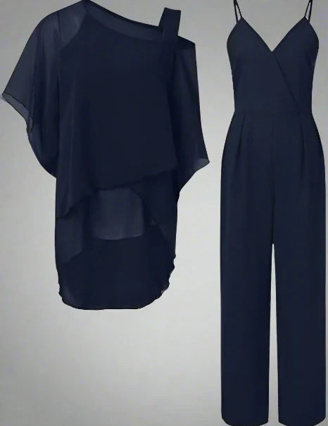 Women's Chiffon Two-Piece Set Overlay Top Wide-Leg Pants Evening Office Formal Outfit - Victrafia