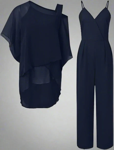 Women's Chiffon Two-Piece Set Overlay Top Wide-Leg Pants Evening Office Formal Outfit - Victrafia
