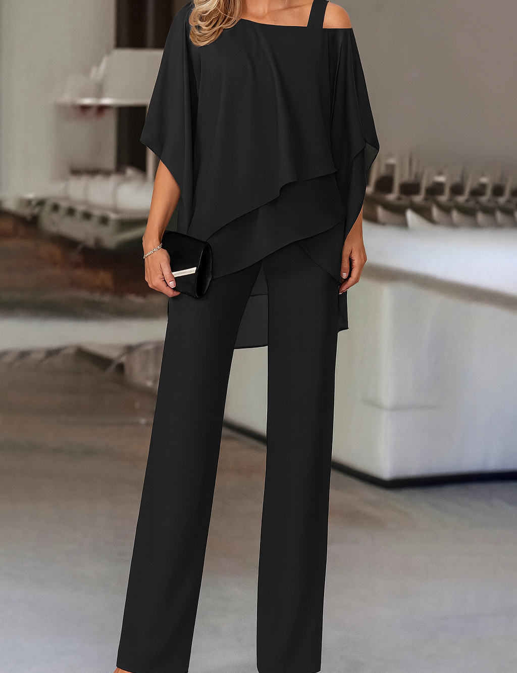 Women's Cold Shoulder Pant Set Formal Evening Two-Piece Flowy Top Wide Leg Pants - Victrafia