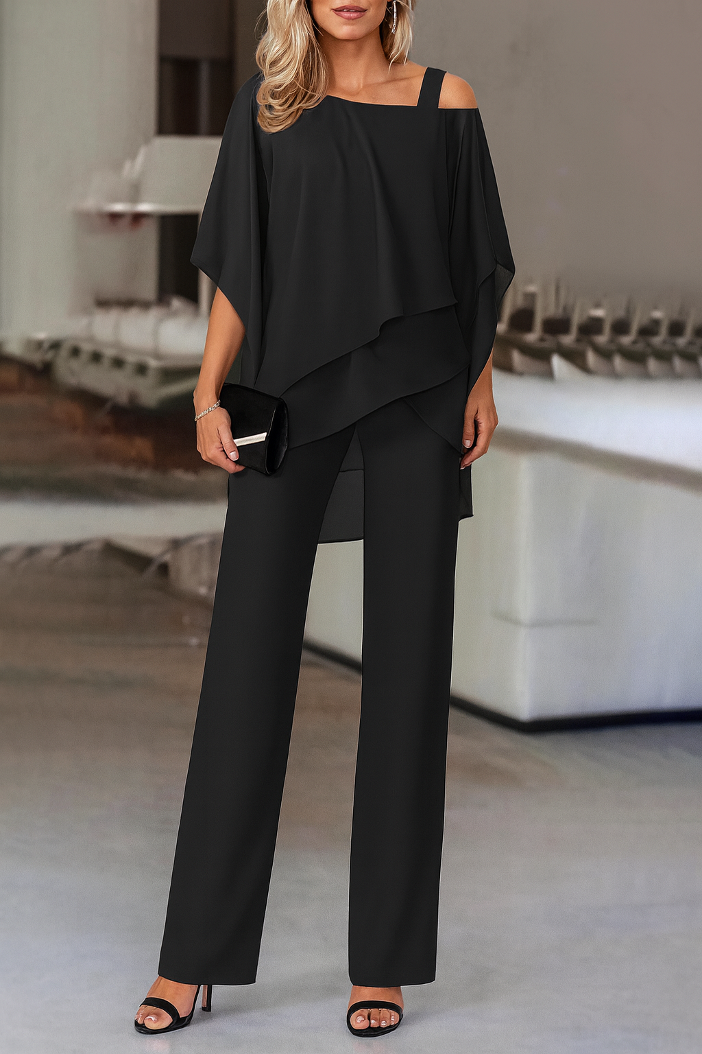 Women's Cold Shoulder Pant Set Formal Evening Two-Piece Flowy Top Wide Leg Pants - Victrafia