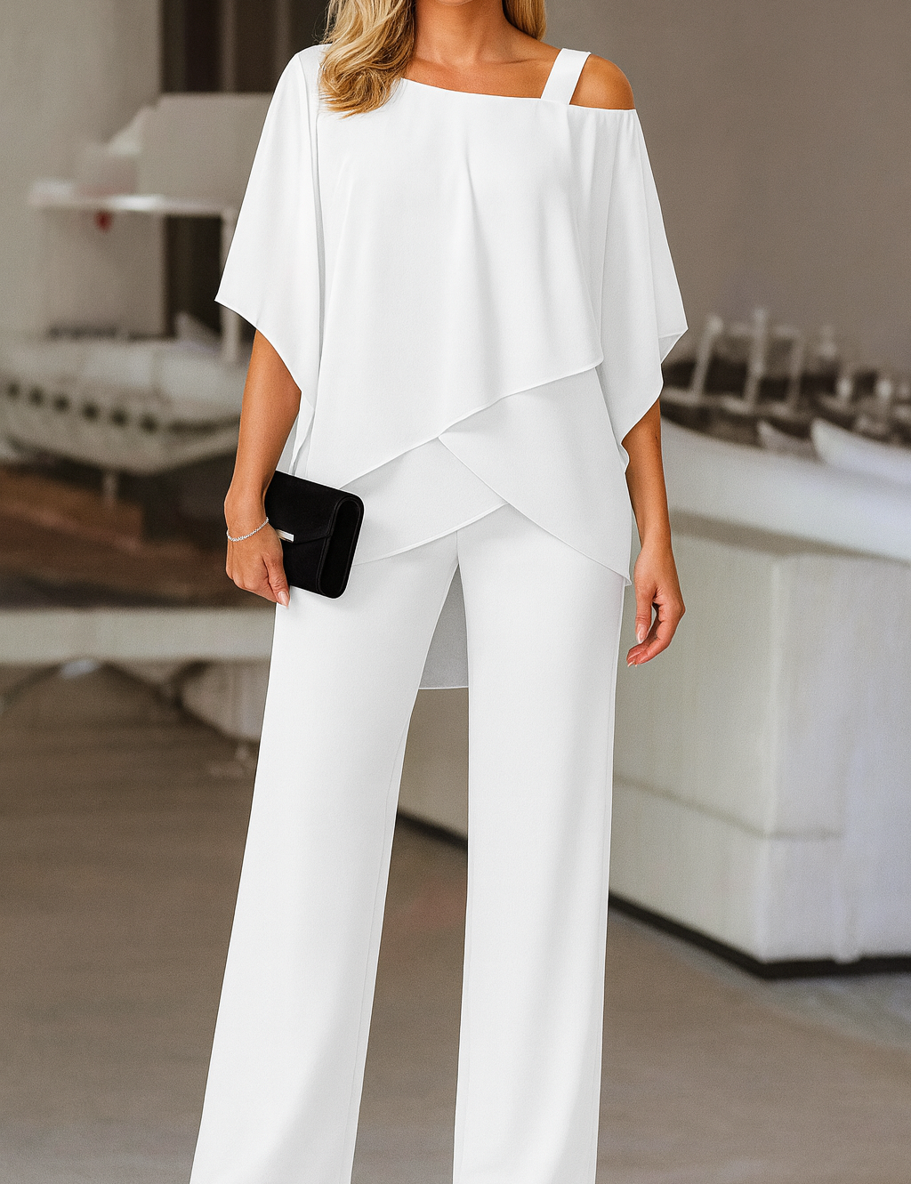 Women's Cold Shoulder Pant Set Formal Evening Two-Piece Flowy Top Wide Leg Pants - Victrafia