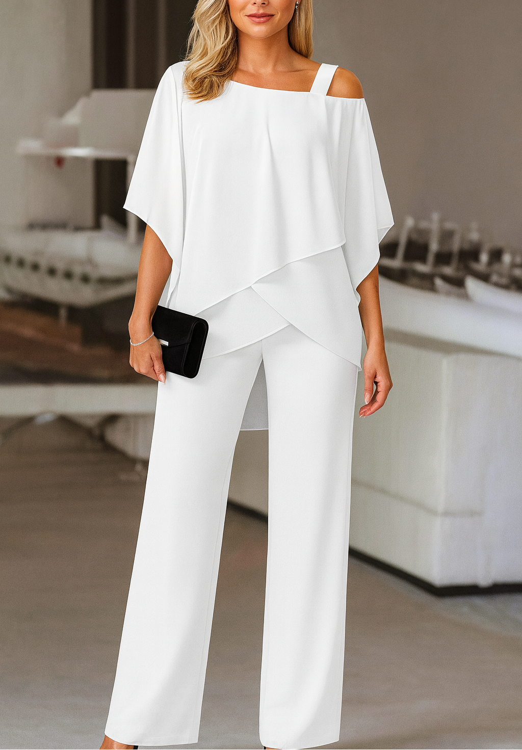 Women's Cold Shoulder Pant Set Formal Evening Two-Piece Flowy Top Wide Leg Pants - Victrafia