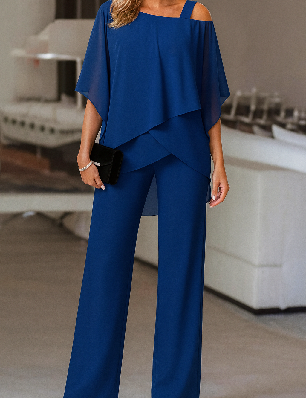 Women's Cold Shoulder Pant Set Formal Evening Two-Piece Flowy Top Wide Leg Pants - Victrafia