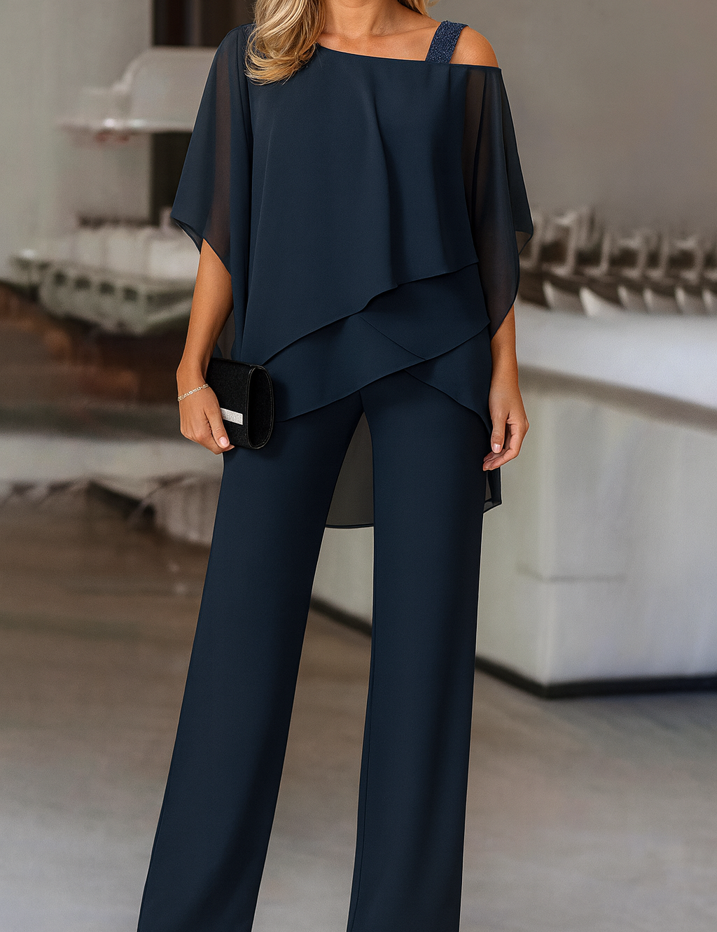 Women's Cold Shoulder Pant Set Formal Evening Two-Piece Flowy Top Wide Leg Pants - Victrafia