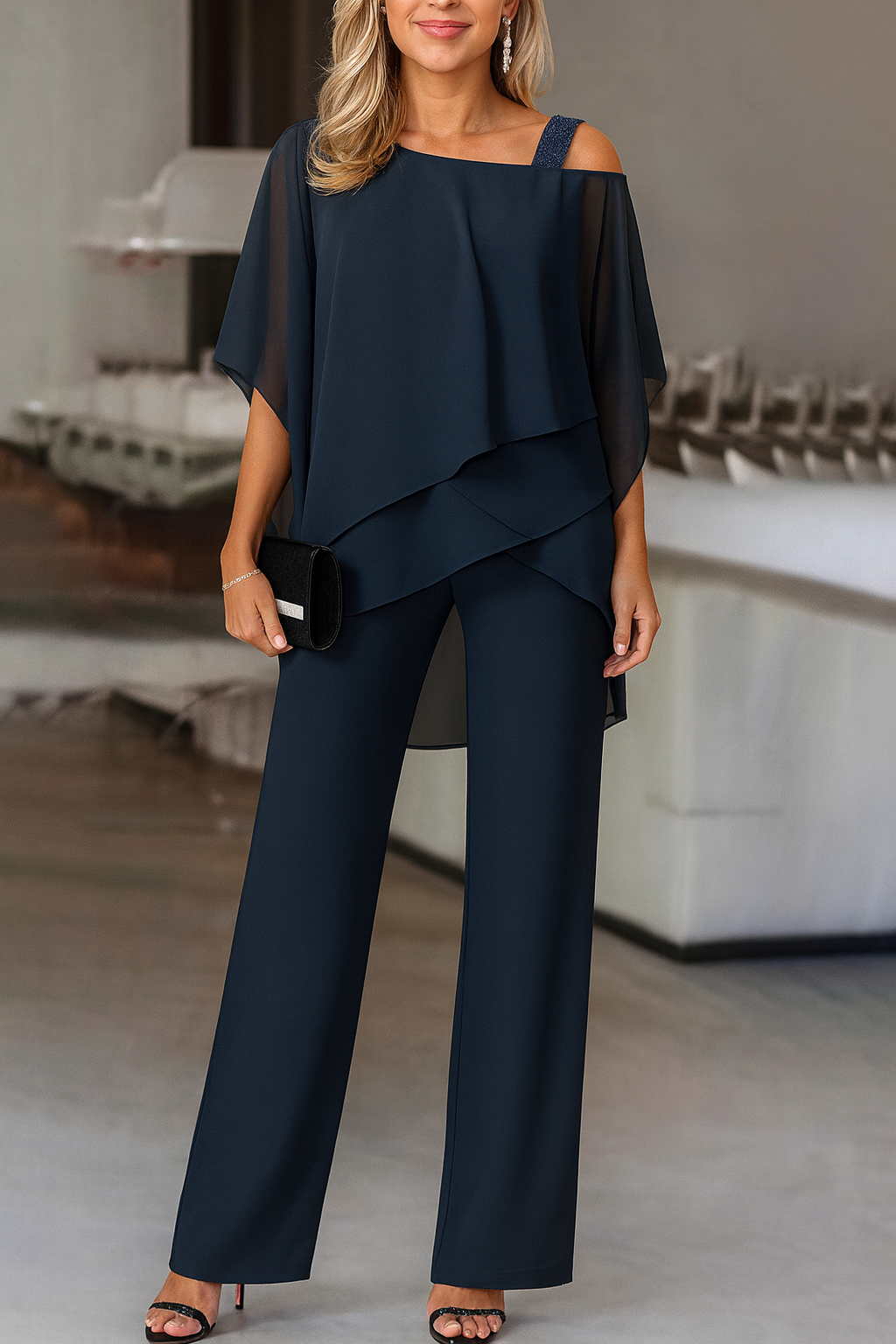 Women's Cold Shoulder Pant Set Formal Evening Two-Piece Flowy Top Wide Leg Pants - Victrafia