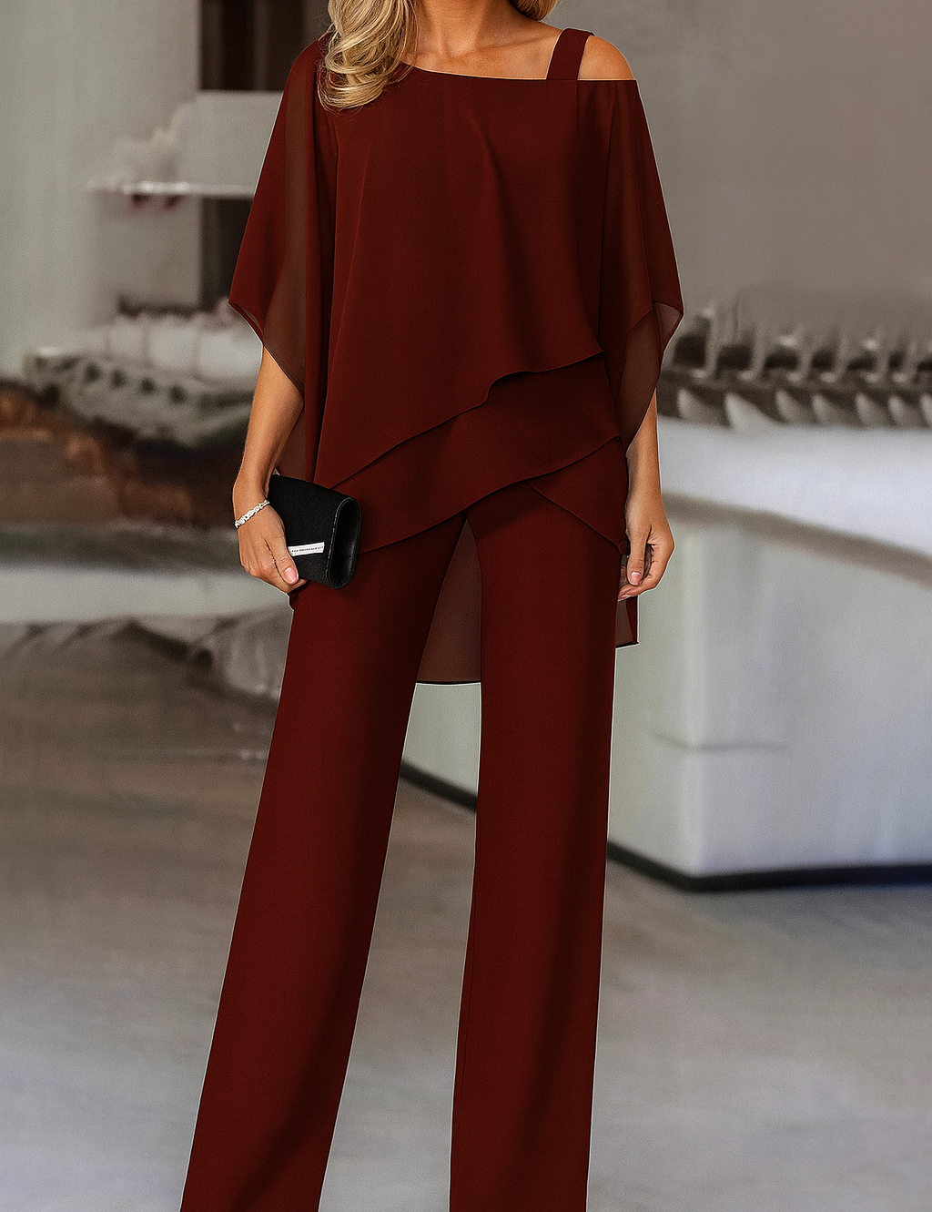 Women's Cold Shoulder Pant Set Formal Evening Two-Piece Flowy Top Wide Leg Pants - Victrafia
