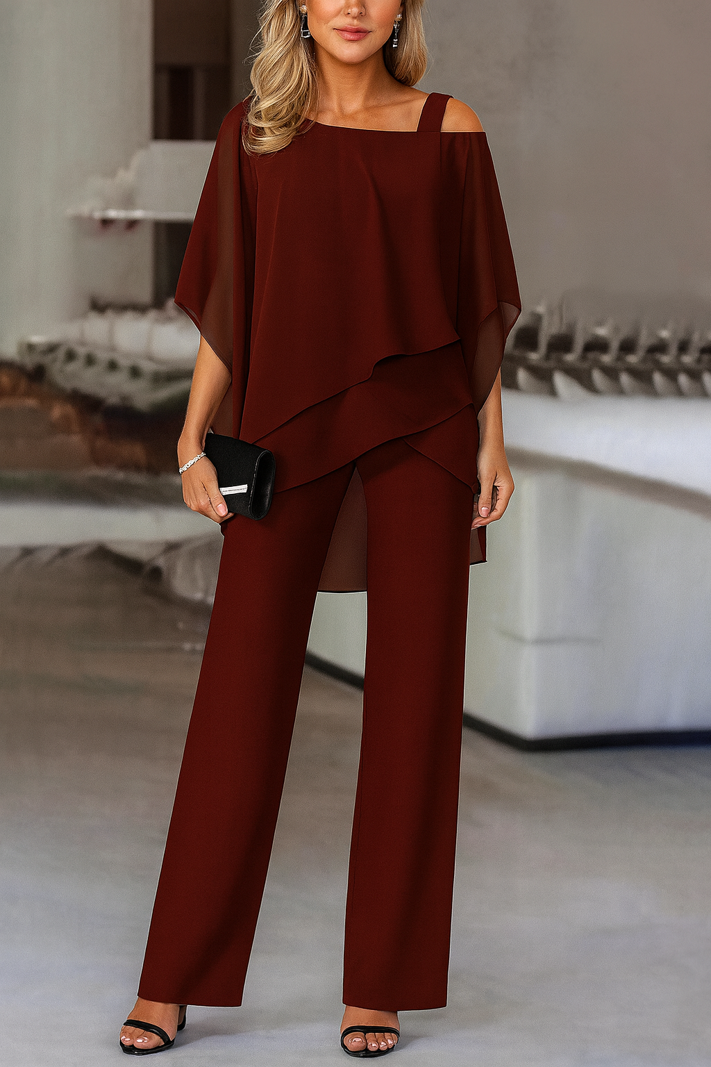 Women's Cold Shoulder Pant Set Formal Evening Two-Piece Flowy Top Wide Leg Pants - Victrafia