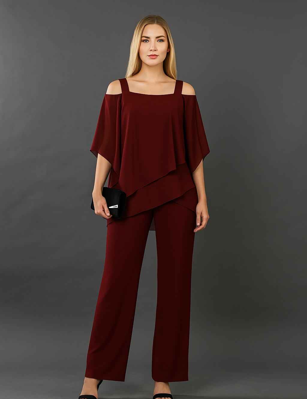 Women's Cold Shoulder Pant Set Formal Evening Two-Piece Flowy Top Wide Leg Pants - Victrafia