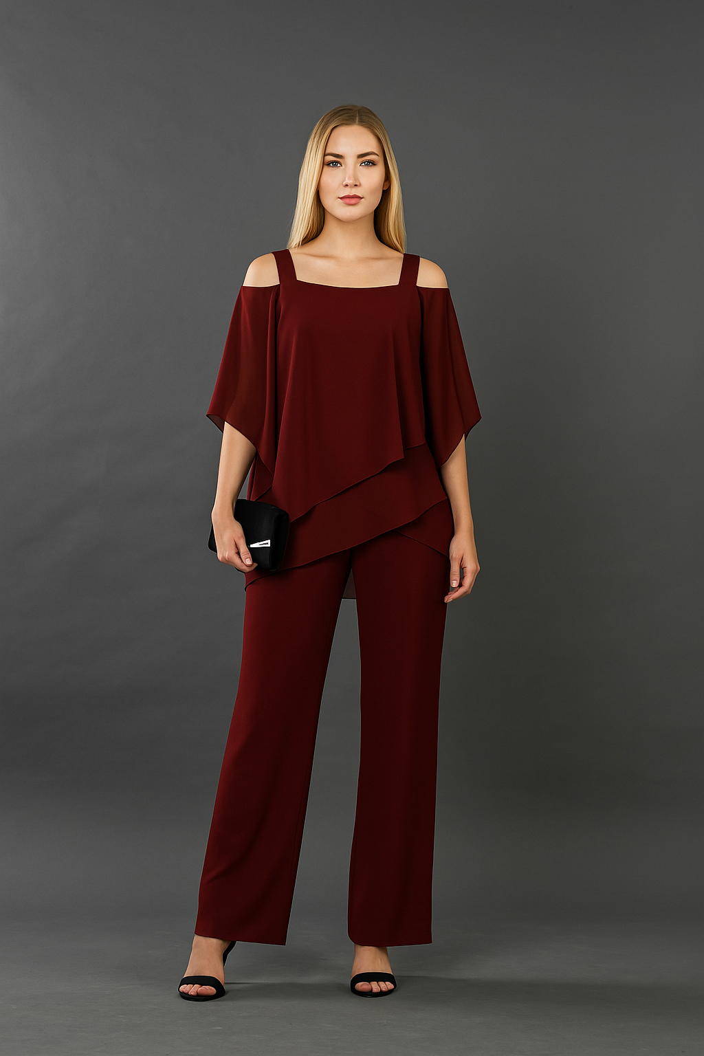 Women's Cold Shoulder Pant Set Formal Evening Two-Piece Flowy Top Wide Leg Pants - Victrafia