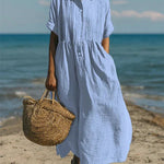 Women's Cotton Shirt Dress Maxi Length Button-Down Summer Beach Casual - Victrafia