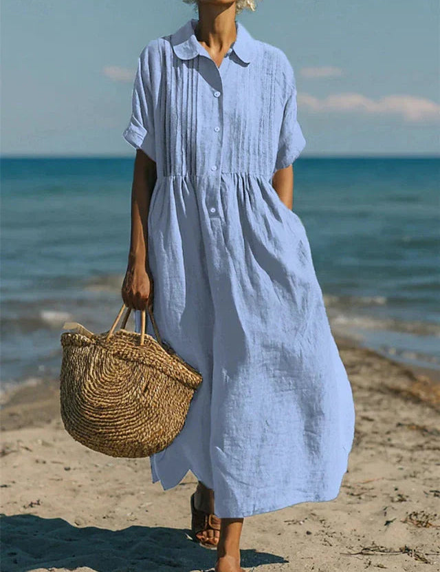 Women's Cotton Shirt Dress Maxi Length Button-Down Summer Beach Casual - Victrafia