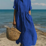 Women's Cotton Shirt Dress Maxi Length Button-Down Summer Beach Casual - Victrafia