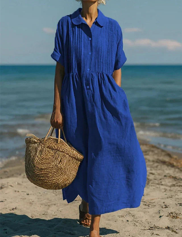 Women's Cotton Shirt Dress Maxi Length Button-Down Summer Beach Casual - Victrafia