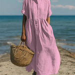 Women's Cotton Shirt Dress Maxi Length Button-Down Summer Beach Casual - Victrafia