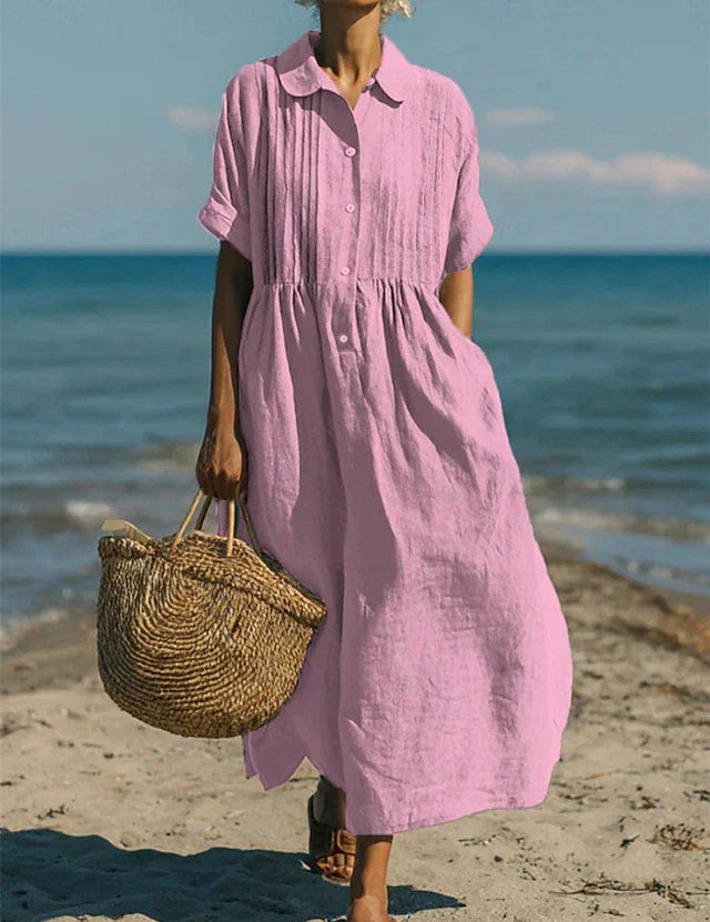 Women's Cotton Shirt Dress Maxi Length Button-Down Summer Beach Casual - Victrafia