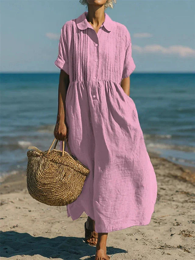 Women's Cotton Shirt Dress Maxi Length Button-Down Summer Beach Casual - Victrafia