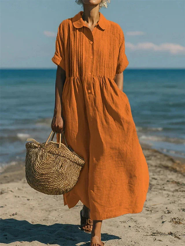 Women's Cotton Shirt Dress Maxi Length Button-Down Summer Beach Casual - Victrafia