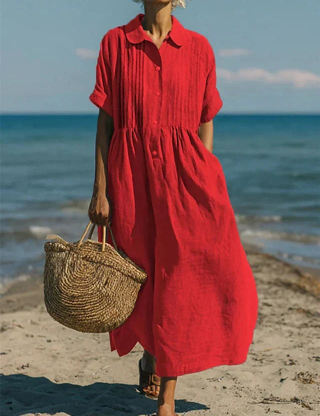 Women's Cotton Shirt Dress Maxi Length Button-Down Summer Beach Casual - Victrafia