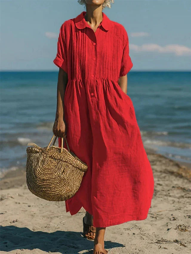 Women's Cotton Shirt Dress Maxi Length Button-Down Summer Beach Casual - Victrafia