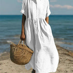 Women's Cotton Shirt Dress Maxi Length Button-Down Summer Beach Casual - Victrafia