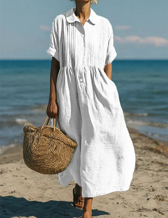 Women's Cotton Shirt Dress Maxi Length Button-Down Summer Beach Casual - Victrafia