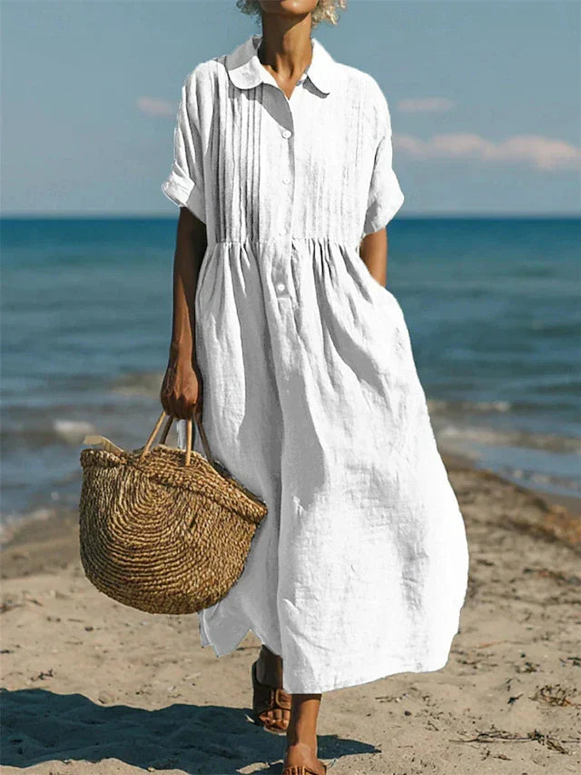 Women's Cotton Shirt Dress Maxi Length Button-Down Summer Beach Casual - Victrafia