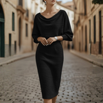 Women's Cowl Neck Midi Dress Long Sleeve Bodycon Work Office Wedding Guest Formal - Victrafia