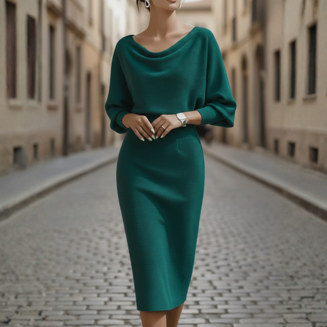 Women's Cowl Neck Midi Dress Long Sleeve Bodycon Work Office Wedding Guest Formal - Victrafia