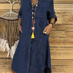 Women's Denim Shirt Dress Long Sleeve Button-Down Midi Casual Relaxed Fit with Pockets - Victrafia