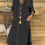 Women's Denim Shirt Dress Long Sleeve Button-Down Midi Casual Relaxed Fit with Pockets - Victrafia