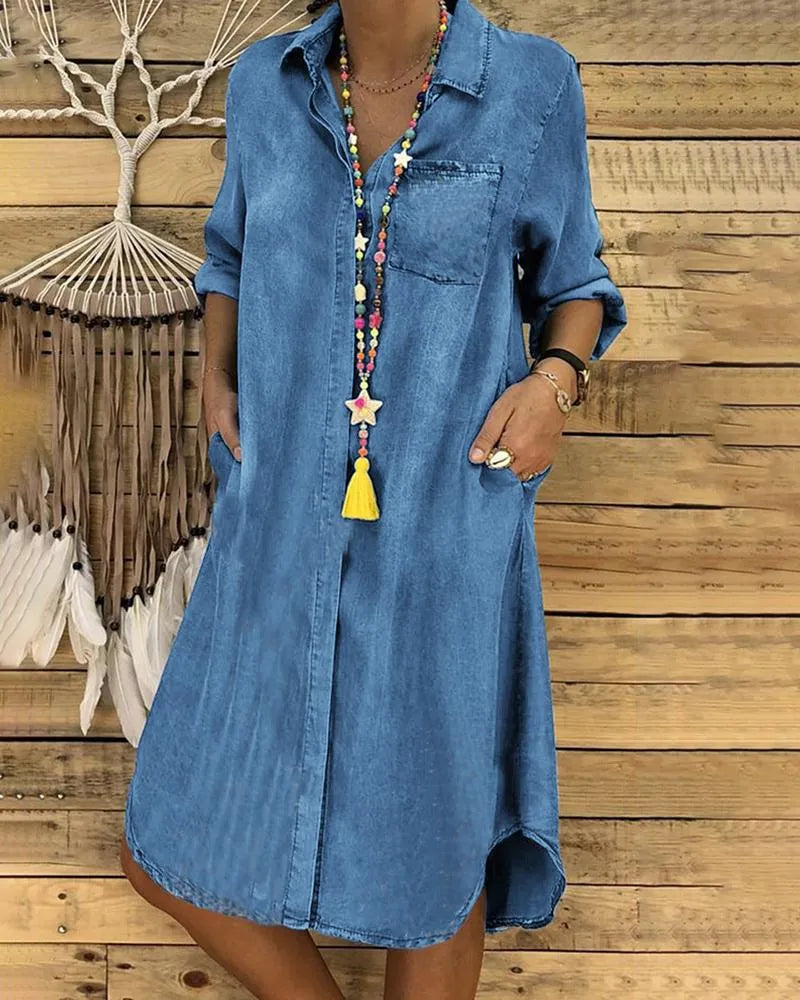 Women's Denim Shirt Dress Long Sleeve Button-Down Midi Casual Relaxed Fit with Pockets - Victrafia