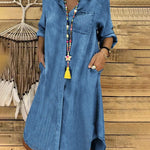 Women's Denim Shirt Dress Long Sleeve Button-Down Midi Casual Relaxed Fit with Pockets - Victrafia