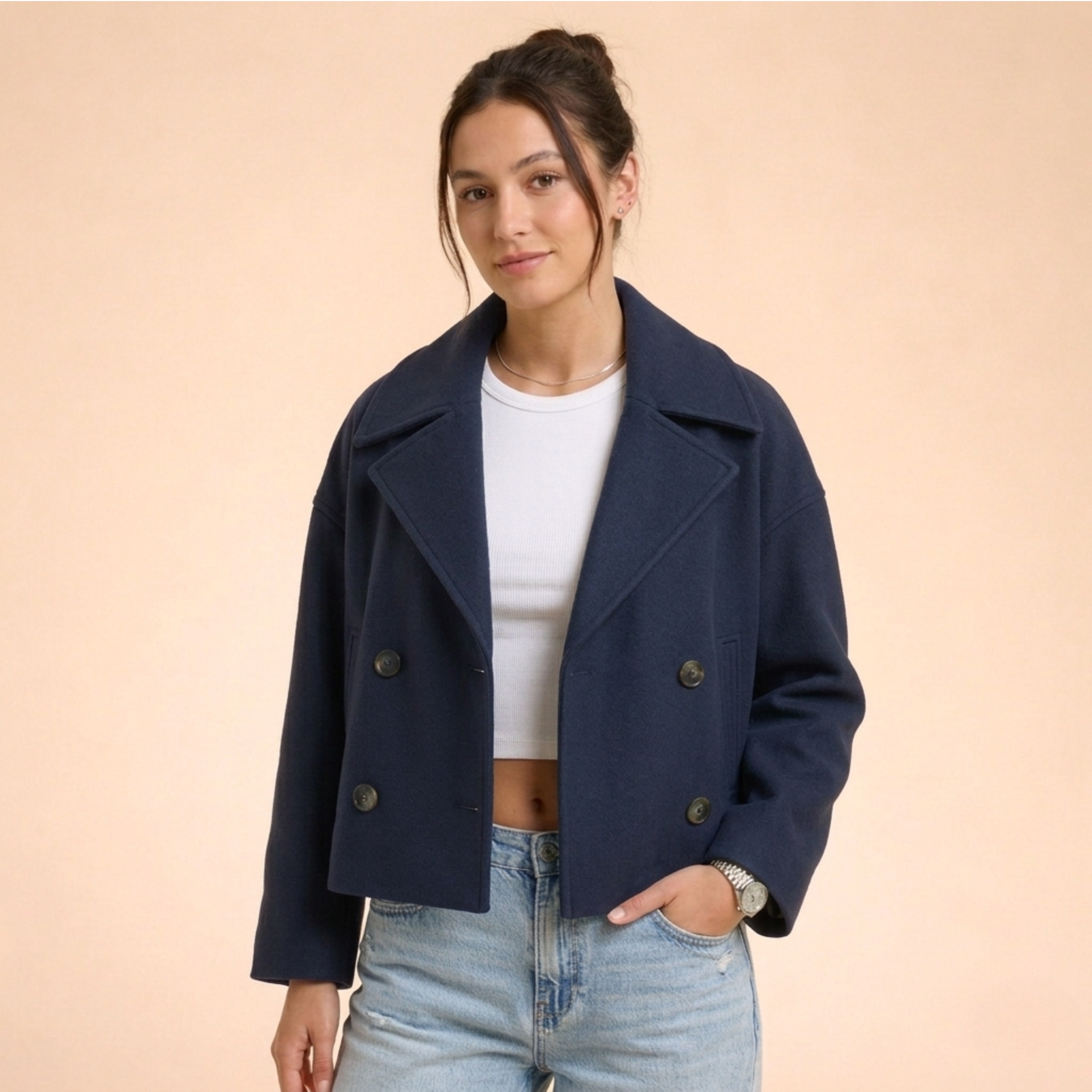 Women's Double-Breasted Short Coat Cropped Peacoat Fall Winter Casual - Victrafia