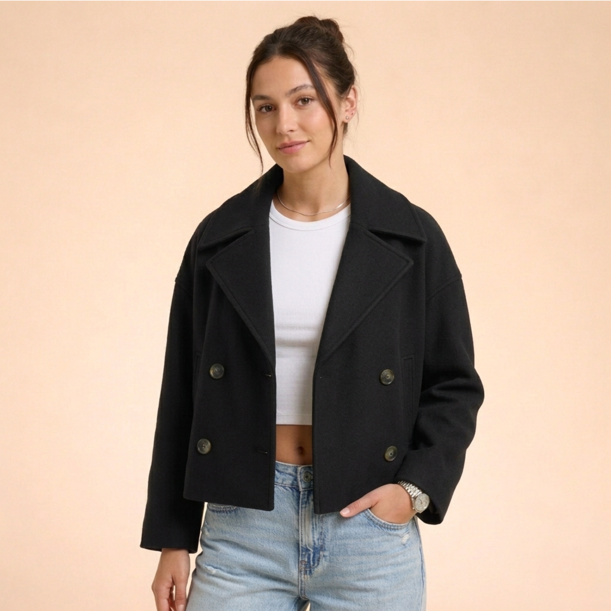 Women's Double-Breasted Short Coat Cropped Peacoat Fall Winter Casual - Victrafia