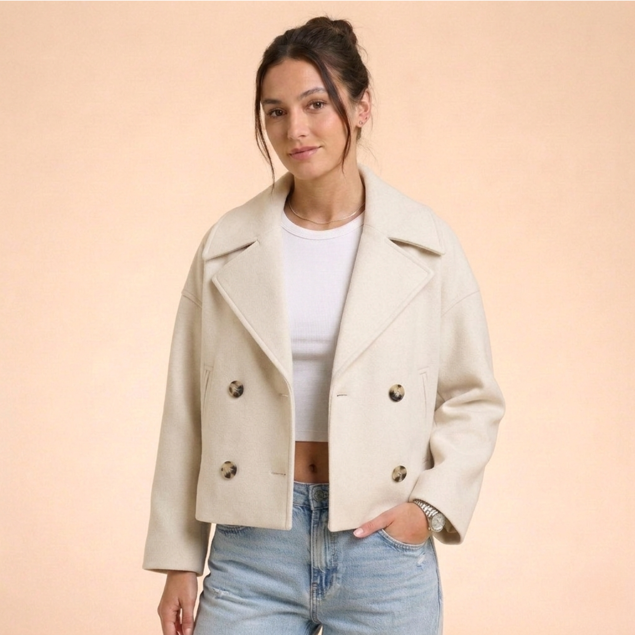 Women's Double-Breasted Short Coat Cropped Peacoat Fall Winter Casual - Victrafia