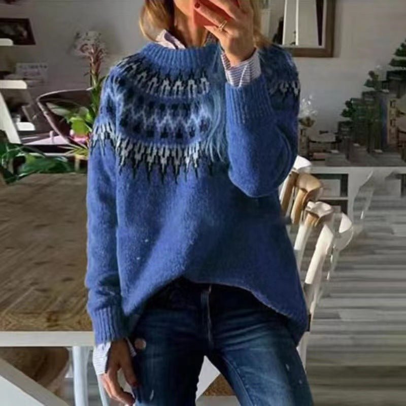 Women's Fair Isle Knit Sweater Oversized Nordic Pullover Casual Winter Cozy - Victrafia