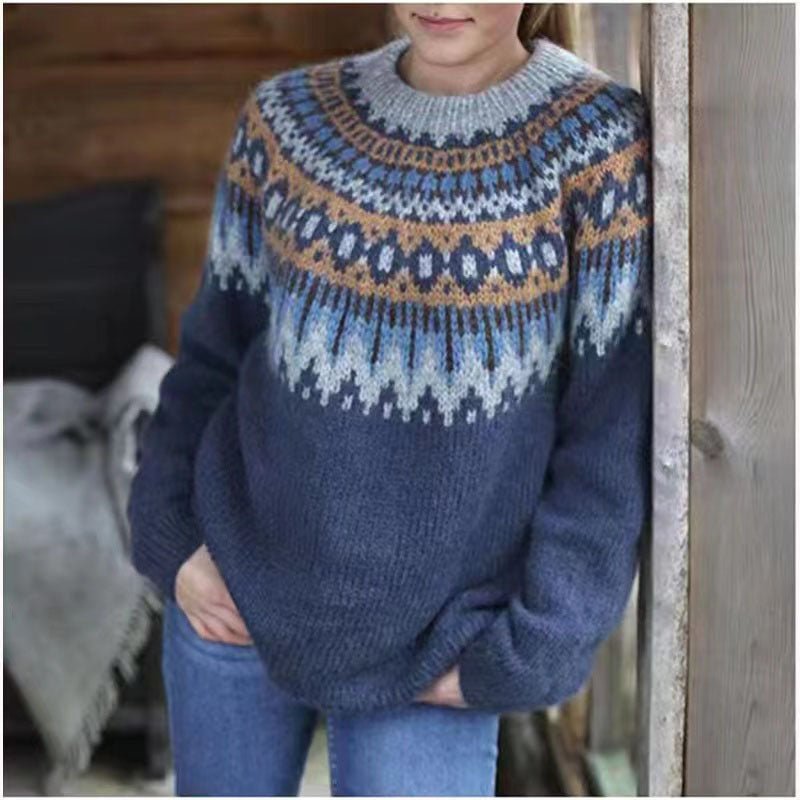 Women's Fair Isle Knit Sweater Oversized Nordic Pullover Casual Winter - Victrafia