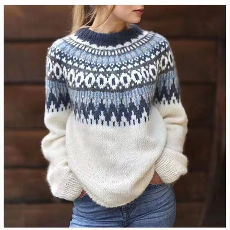 Women's Fair Isle Knit Sweater Oversized Nordic Pullover Casual Winter - Victrafia