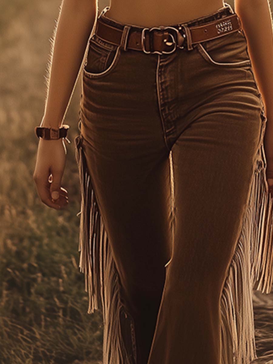 Women's Flare Jeans Fringe Tassel High-Waisted Western Boho Denim Retro Vintage - Victrafia