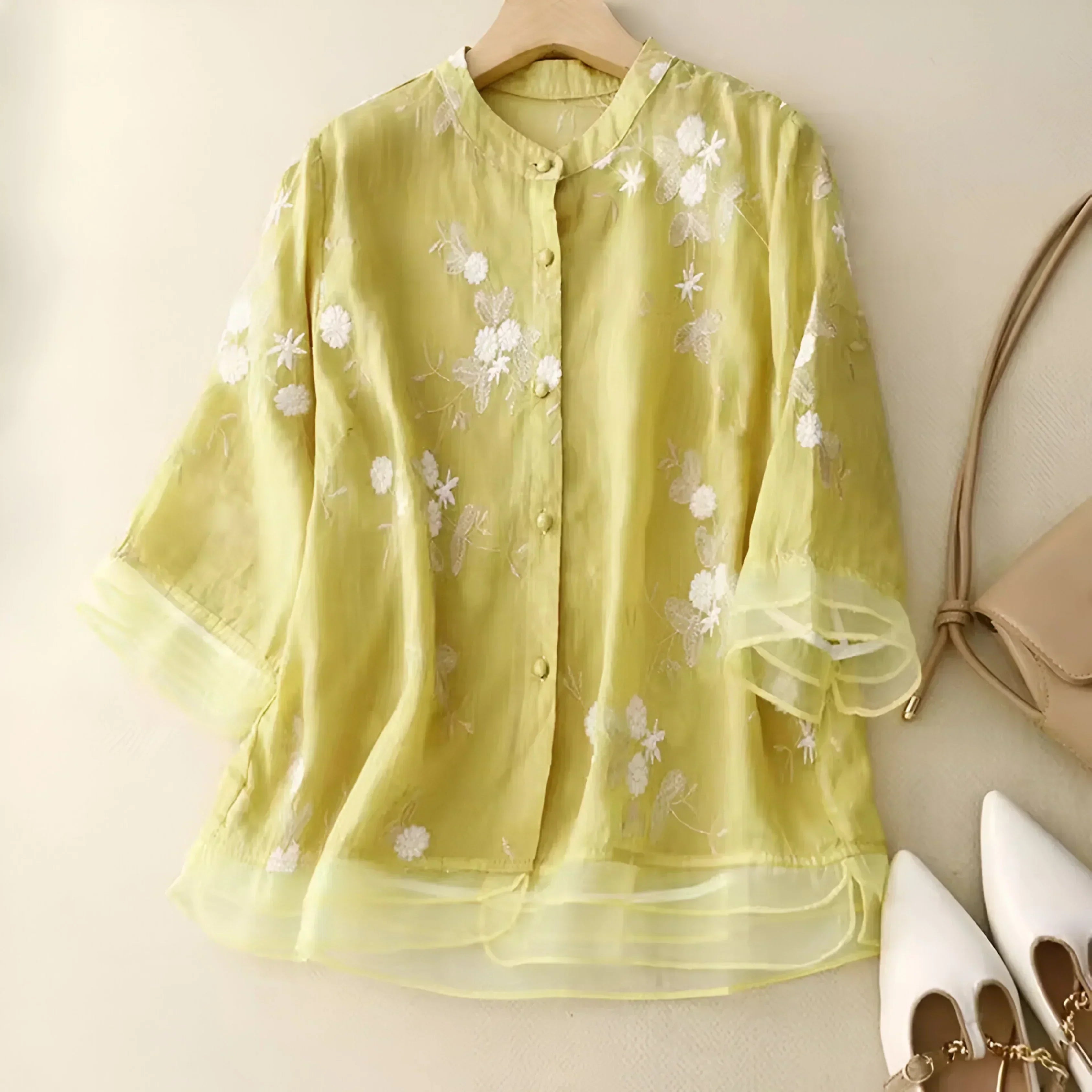 Women's Floral Embroidered Blouse Long Sleeve Button-Down Sheer Casual Summer Top - Victrafia