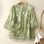 Women's Floral Embroidered Blouse Long Sleeve Button-Down Sheer Casual Summer Top - Victrafia